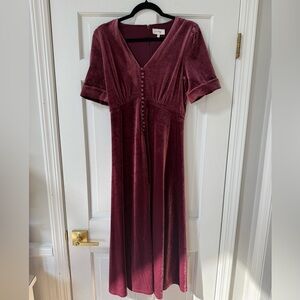 Bohme Wine Velvet Midi Dress with Covered Buttons